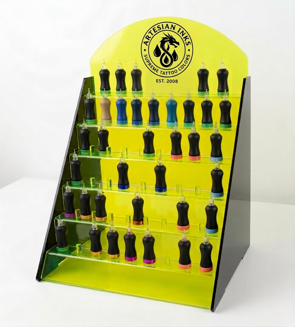esposiore per inchiostri tatuaggi in plexiglass nero e giallo fluorescente